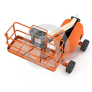 Orange self propelled articulated wheeled lift with telescoping boom and basket on white. 3D illustration