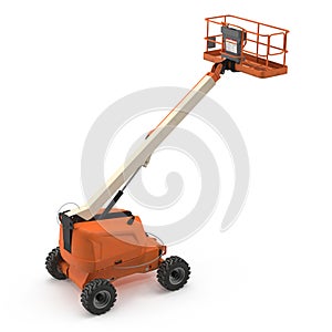 Orange self propelled articulated wheeled lift with telescoping boom and basket on white. 3D illustration