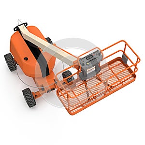 Orange self propelled articulated wheeled lift with telescoping boom and basket on white. 3D illustration