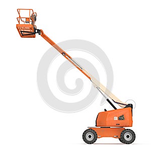 Orange self propelled articulated wheeled lift with telescoping boom and basket on white. 3D illustration