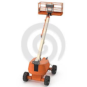 Orange self propelled articulated wheeled lift with telescoping boom and basket on white. 3D illustration