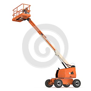 Orange self propelled articulated wheeled lift with telescoping boom and basket on white. 3D illustration