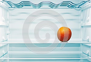 Orange on a shelf inside an empty fridge