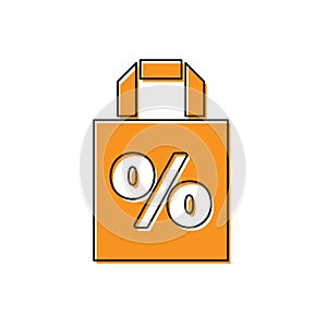 Orange Shoping bag with an inscription percent discount icon isolated on white background. Handbag sign. Vector