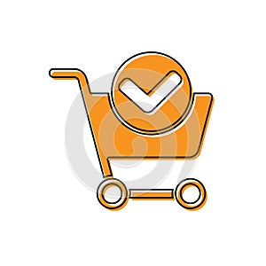 Orange Shopping cart with check mark icon isolated on white background. Supermarket basket with approved, confirm, tick