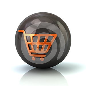 Orange shopping cart icon on black glossy sphere