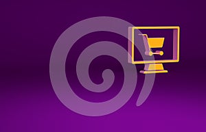 Orange Shopping cart on screen computer icon isolated on purple background. Concept e-commerce, e-business, online