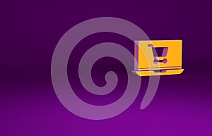 Orange Shopping cart on screen laptop icon isolated on purple background. Concept e-commerce, e-business, online