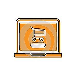 Orange Shopping cart on screen laptop icon isolated on white background. Concept e-commerce, e-business, online business