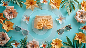 Orange shorts and sunglasses framed in paper flowers. Hello summer! Hello spring