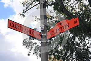 Orange sign on the corner between Cortlandt and Clinton street in Sleepy Hollow