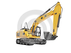 Orange single bucket excavator with hydraulic mechpatoy on tracked metal go isolated 3d render on white background no shadow