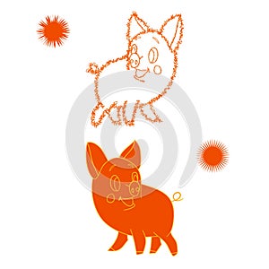 Orange sketch of a piglet, cartoon on a white background.
