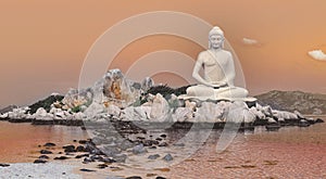 Orange sky and ocean are rock on the  Buddha statue. Beautiful landscape island sun set time in nature wallpaper.