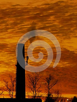 Orange skyline, factory pipes, sunset, Dolgoprudniy, Moscow, Russia