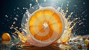 Orange slice dropping with juice splash on dark background. Close-up illustration of citrus fruit. Generative AI