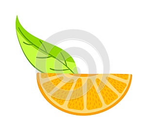 Orange slice with green leaf, fresh citrus fruit segment illustration. Healthy eating and natural vitamin C concept