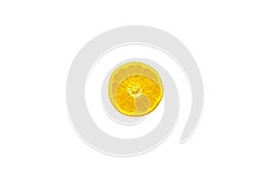 Orange slice, half sliced orange against a colored background in strong white