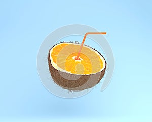 Orange slice, juice with Straws in coconut on pastel blue background. minimal fruit concept. Idea creative foods and drinks that