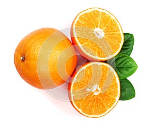 Orange with slice and leaf isolated on the white background. Flat lay pattern. Top view