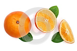 Orange with slice and leaf isolated on the white background. Flat lay pattern. Top view