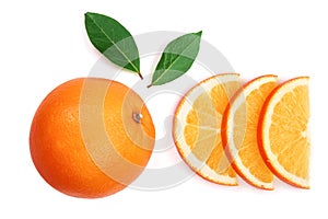 Orange with slice and leaf isolated on the white background. Flat lay pattern. Top view