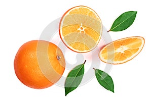 Orange with slice and leaf isolated on the white background. Flat lay pattern. Top view