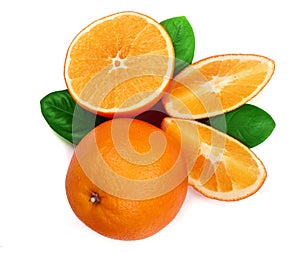 Orange with slice and leaf isolated on the white background. Flat lay pattern. Top view