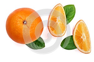 Orange with slice and leaf on the white background. Flat lay pattern. Top view
