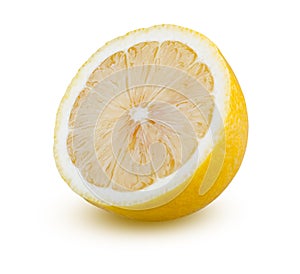 Orange Slice Perfectly Retouched Isolated. Half Orange Closeup on White Background. Fresh Citrus Fruit. Full Depth of Field.