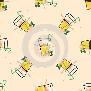 Orange slice, tube for drinking seamless pattern. Natural fresh orange juice in a glass hatching style