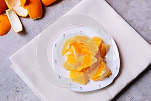 Orange sliced in white plate