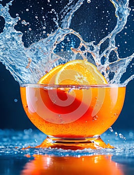 Orange slices falling into a bowl and creating an explosion of splashes