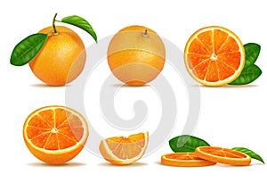 Orange slices. Fruit citrus half cut and whole, front and side view of vitamin food with green leaves. Ripe fresh