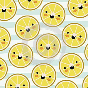 Orange slices kawaii fruits pattern set on decorative lines color background