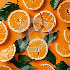 Orange slices and orange leaves lying on an orange surface. Ai generated