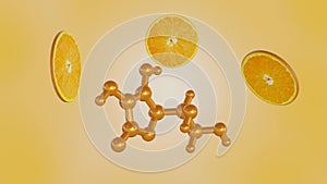 Orange slices rotating ascorbic acid molecule