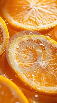 Orange slices with sparkling water droplets, macro