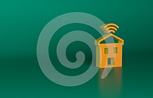 Orange Smart home with wi-fi icon isolated on green background. Remote control. Minimalism concept. 3D render