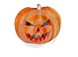 Orange smiley watercolor Halloween pumpkin isolated on white background. Scary gourd. Jack-O-Lantern