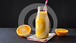 Orange smoothie in glass bottle with paper straw. Tasty and healthy drink. Summer beverage