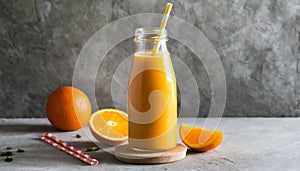 Orange smoothie in glass bottle with paper straw. Tasty and healthy drink. Summer beverage