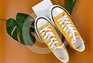 Orange sneakers on white geometry shapes with tropic leaves on brown background. Trendy fashion accessories. Flat lay, close up.