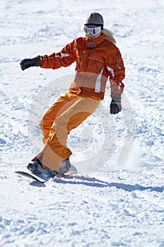 Orange snowboard girl downhill