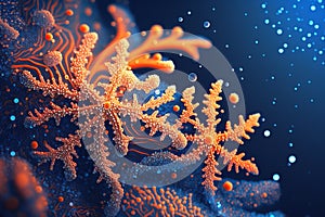 Orange snowflake shape coral, marine life, closeup underwater background, AI