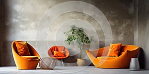 Orange snuggle chair and rustic side tables near stucco wall. Interior design of modern living room