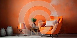 Orange snuggle chair and rustic side tables near stucco wall. Interior design of modern living room