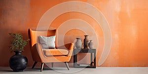 Orange snuggle chair and rustic side tables near stucco wall. Interior design of modern living room