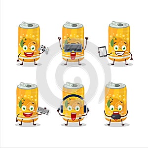 Orange soda can cartoon character are playing games with various cute emoticons