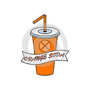 Orange soda cup with straw isolated on white background. Lemonade drink. Fast food concept. Vector cartoon design